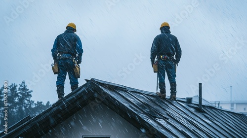 Wallpaper Mural Roof workers rain stormy weather,  dangerous job. Torontodigital.ca