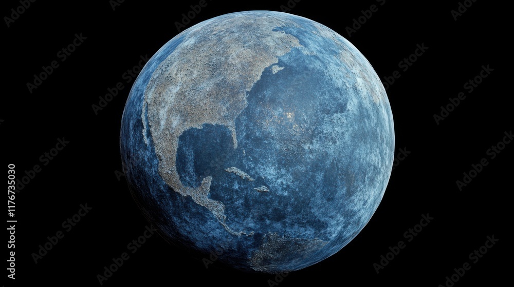 A detailed, artistic rendering of Earth featuring a blue-toned surface and dramatic lighting. A detailed, artistic rendering of Earth featuring a blue-toned surface and dramatic lighting.