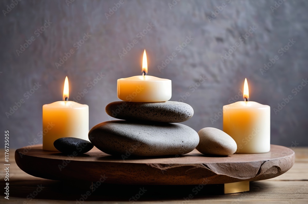 candles are lit on a wooden tray with rocks and stones candles are lit on a wooden tray with rocks and stones
