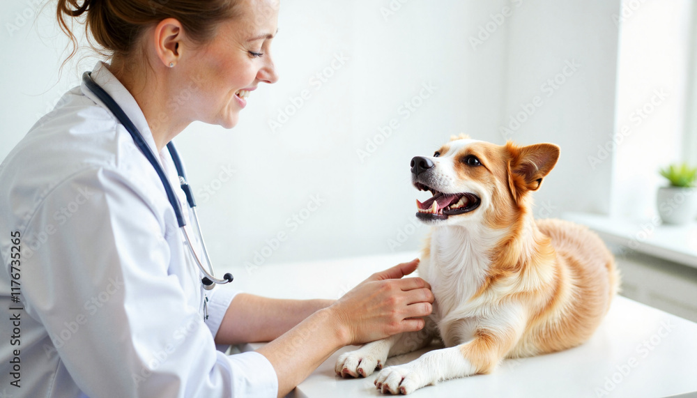 Friendly veterinarian examining small dog in bright clinic room, care Friendly veterinarian examining small dog in bright clinic room, care