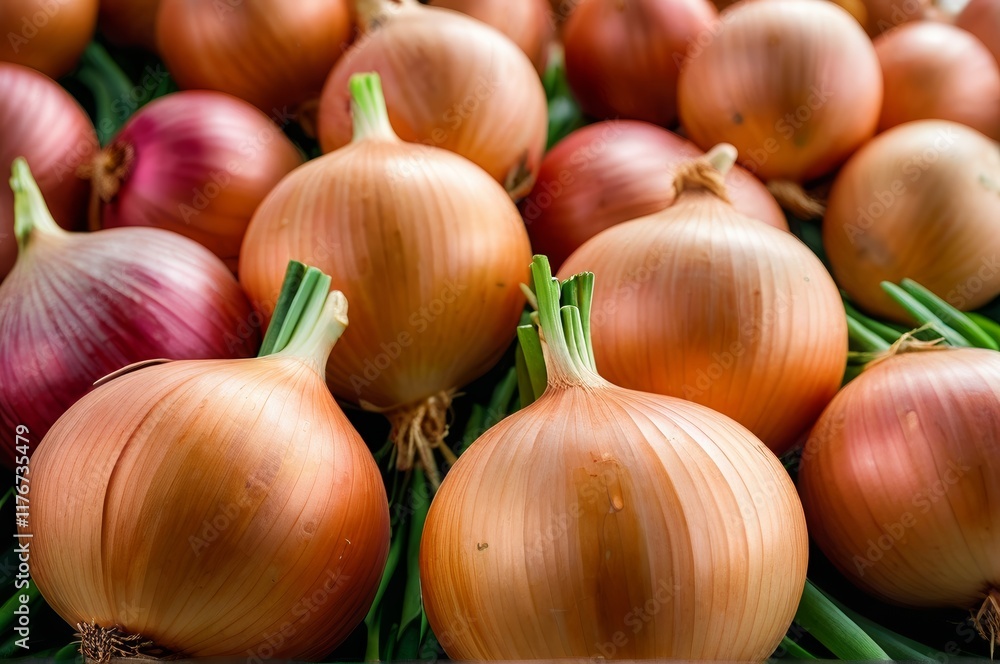 a close up of a pile of onions with green stems a close up of a pile of onions with green stems