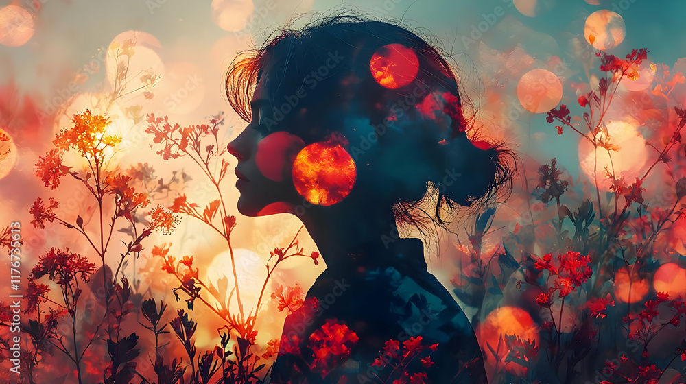 Woman Silhouette in Sunset's Bloom, Peaceful Serene Nature Scene Woman Silhouette in Sunset's Bloom, Peaceful Serene Nature Scene
