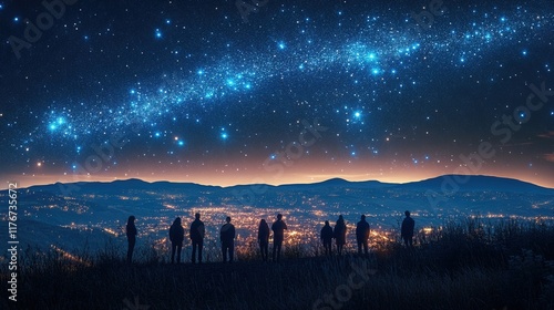 Silhouetted figures gazing at a starry sky over a cityscape at night.