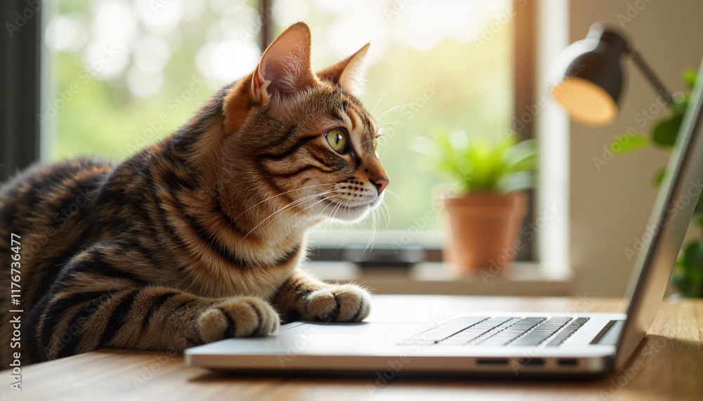 Attentive cat using laptop in modern home office, focused curiosity Attentive cat using laptop in modern home office, focused curiosity