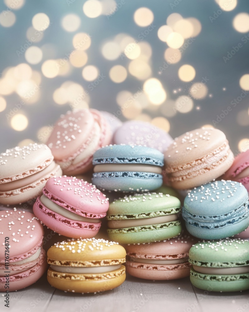 Obraz premium Colorful macarons in various pastel shades, adorned with sprinkles, create a delightful dessert display.