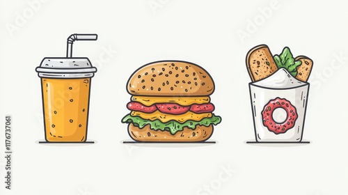 Cartoon burger, fries, and soda combo. photo