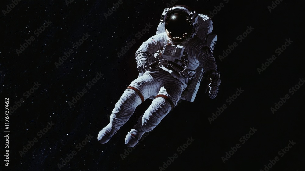 Fototapeta premium An astronaut in a white space suit floats gracefully in the dark expanse of outer space.