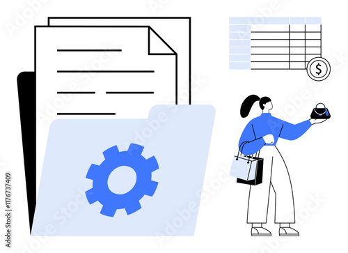 Woman reviewing data, holding shopping bags, next to documents, gears, and a financial chart. Ideal for productivity, organization, business strategy, management financial planning workflow