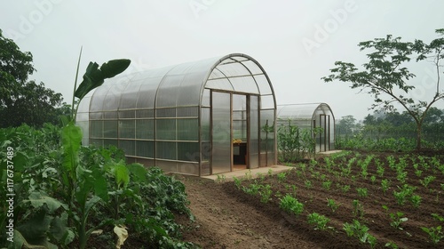 Two greenhouses, garden plots, lush plants, overcast sky. photo