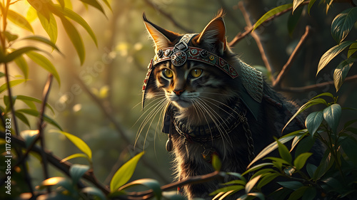 Samurai cat in the jungle. Generative AI photo