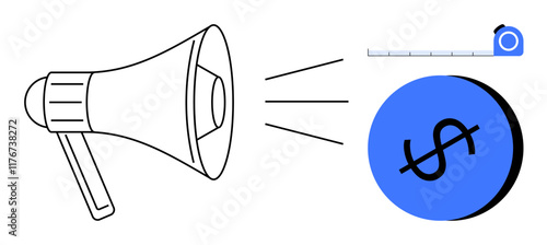 Megaphone projecting sound towards a dollar sign in a blue circle, accompanied by a measuring tape. Ideal for marketing, business growth, budget planning, financial success, measurement