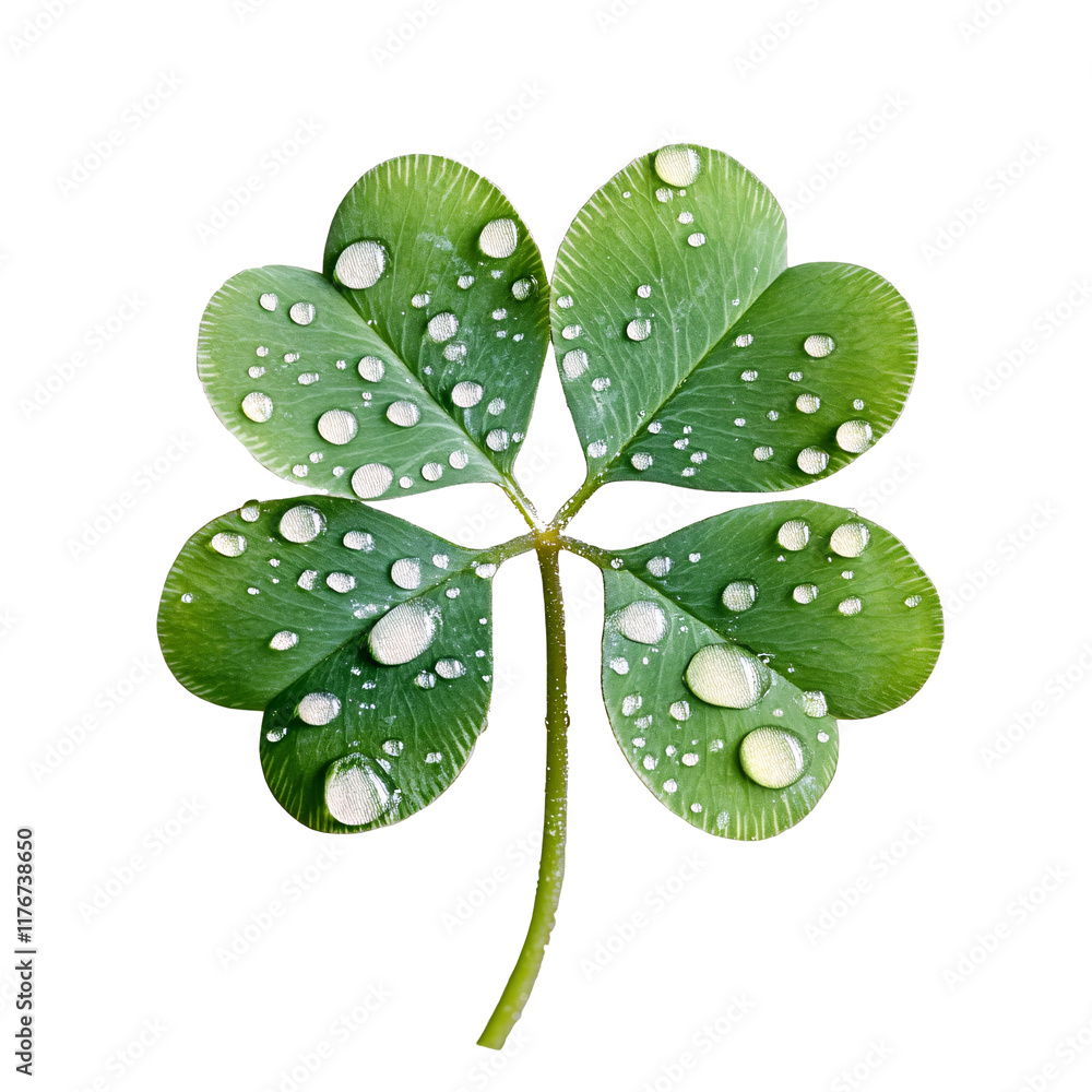 Fresh Green Shamrock Leaf with Water Droplets Isolated on Transparent Background. Fresh Green Shamrock Leaf with Water Droplets Isolated on Transparent Background.