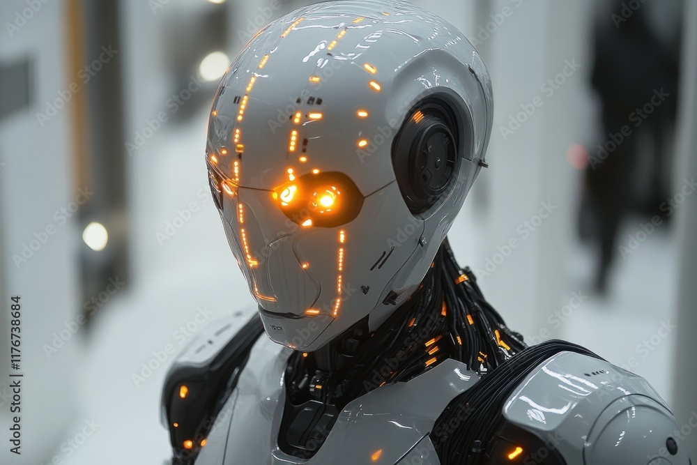 Fototapeta premium Futuristic robot, glowing eyes, sleek design.