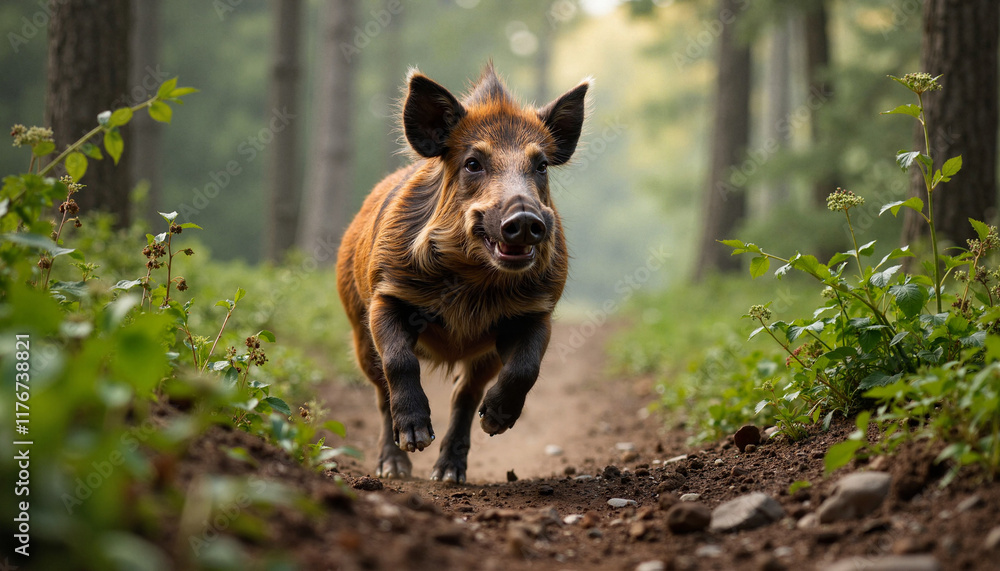 Wild boar trotting through forest underbrush at dawn, nature's vitality Wild boar trotting through forest underbrush at dawn, nature's vitality
