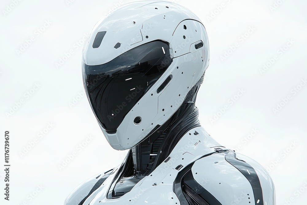 White futuristic robot, sleek helmet, black accents.
