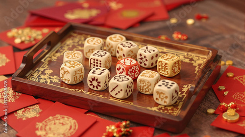 Chinese New Year zodiac dice game set with red envelopes and gold ingots, unique tradition, stock photo photo