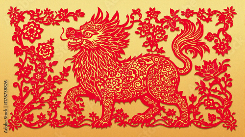Intricate paper-cut art of zodiac animal on gold background, rare Lunar New Year decoration, stock image