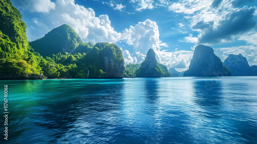 A vibrant landscape with clear water and rocky hills