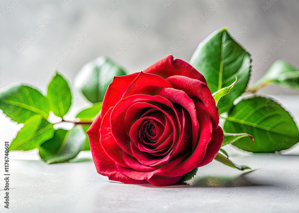 Naklejka premium A candid close-up reveals a red rose's intricate beauty against a stark white backdrop.