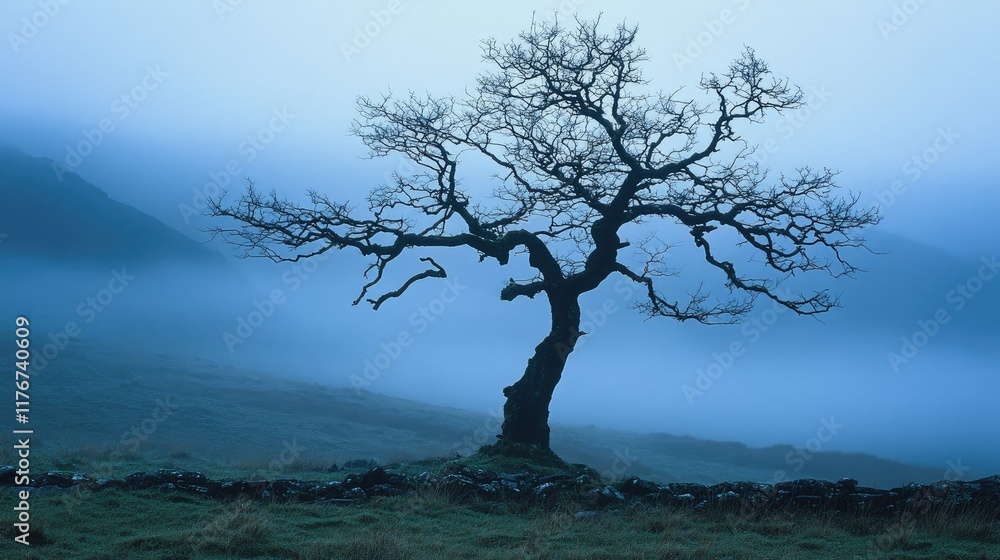 A lone, withering tree in a foggy landscape, its skeletal branches creating a haunting silhouette. A lone, withering tree in a foggy landscape, its skeletal branches creating a haunting silhouette.
