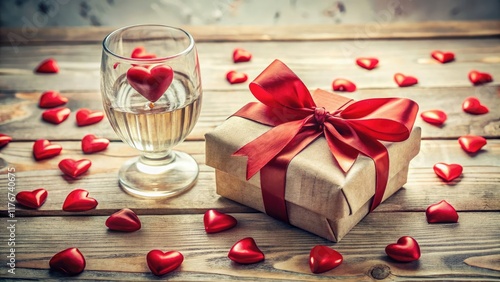 A crimson bow adorns glass hearts, scattered amidst a festive confetti shower â€“ a vintage Valentine's treasure.