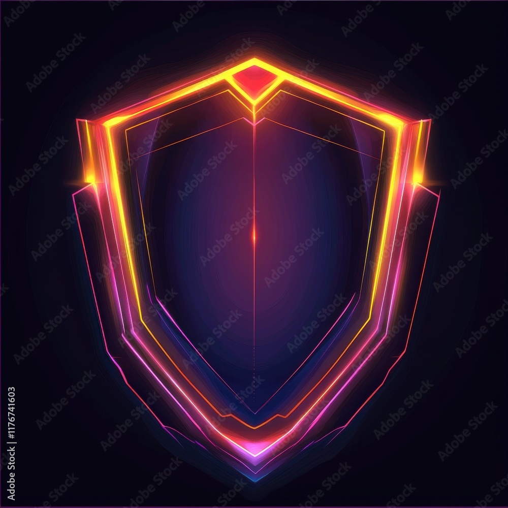 Fototapeta premium A vibrant neon shield icon glowing against a dark background, exuding a sense of protection and strength.