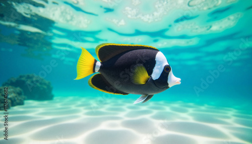 Graceful Moorish idol fish swimming in clear ocean water, underwater beauty photo