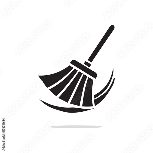 Black silhouette of a broom sweeping clean curved lines representing cleanliness and tidiness