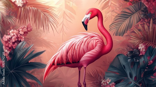 Pink flamingo standing in lush tropical foliage.