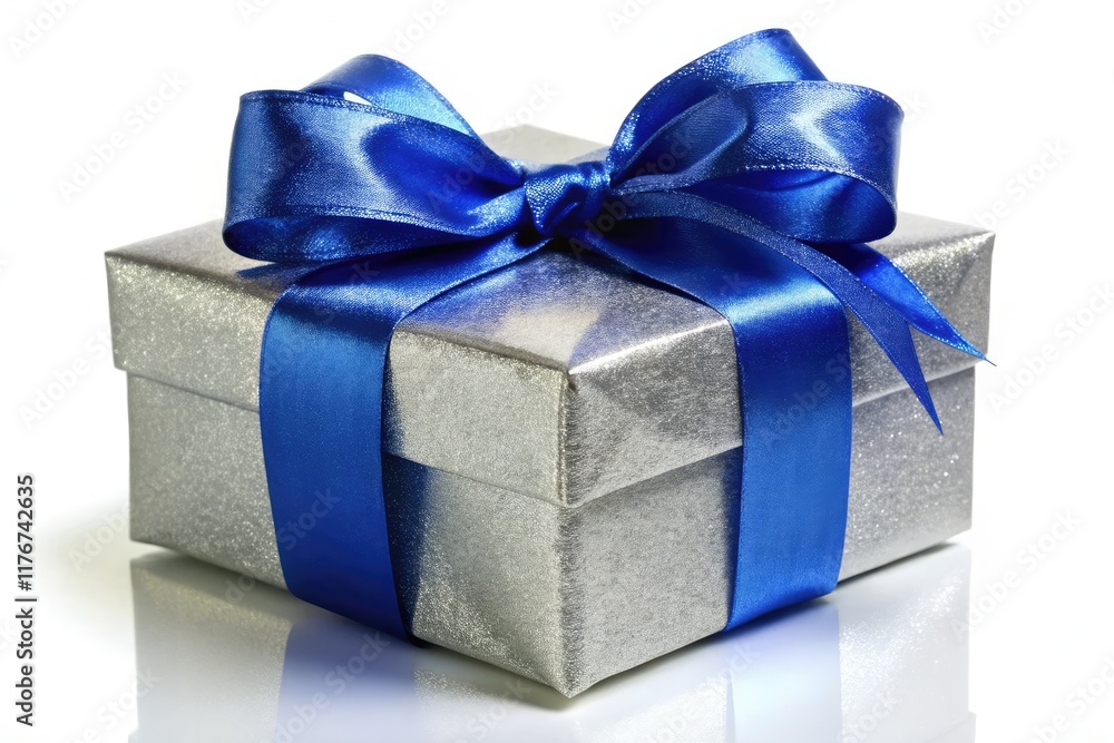 Fototapeta premium A shimmering silver gift box, adorned with a royal blue ribbon bow, gleams against a stark white backdrop in a long exposure photograph.