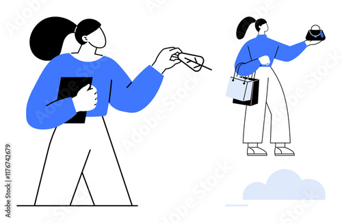 Characters in blue outfits participating in shopping activities, holding various packages and items. Ideal for e-commerce, retail, consumer behavior, shopping habits, online marketplace, sales