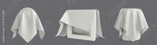3d covered objects under white cloth drapery - reveal mockup with different shapes and folds. Mysterious presentation template for product launch, magic show concept and theatrical unveiling design.