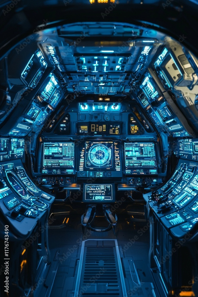 Fototapeta premium The interior of a spaceship, the cockpit features blue lights and numerous buttons and screens. 