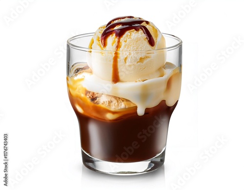 Isolated affogato dessert with ice cream and coffee syrup blend