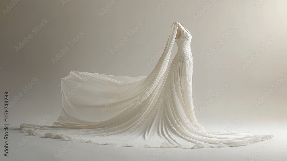 Back view of a long white dress with a flowing train, displayed on a white background, exuding elegance and grace. Back view of a long white dress with a flowing train, displayed on a white background, exuding elegance and grace.
