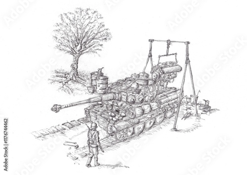The tank out of engine drawing by pencil.