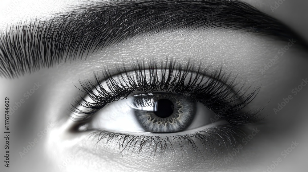 Close-up monochrome shot of a woman's eye with perfectly shaped eyebrows and long eyelashes. Close-up monochrome shot of a woman's eye with perfectly shaped eyebrows and long eyelashes.