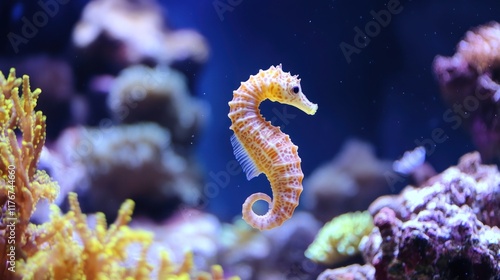 A vibrant seahorse swimming among colorful coral in an aquarium setting. photo