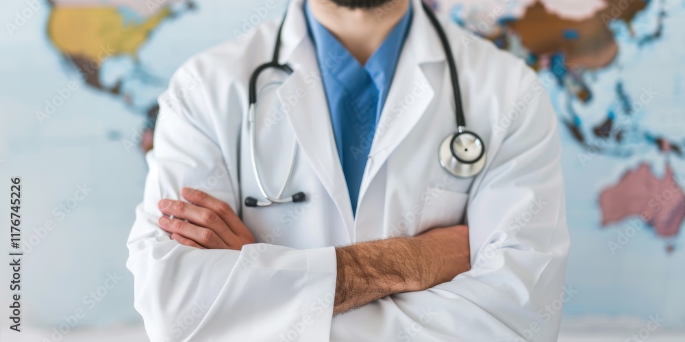 A confident physician in a white coat stands with arms crossed, set against a world map, symbolizing global health and medical expertise. A confident physician in a white coat stands with arms crossed, set against a world map, symbolizing global health and medical expertise.