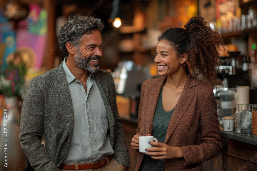 Two employees in business casual attire relax in a cozy office lounge area. One person holds a coffee mug while smiling and chatting with their colleague, who sits on a comfortable armchair Two employees in business casual attire relax in a cozy office lounge area. One person holds a coffee mug while smiling and chatting with their colleague, who sits on a comfortable armchair