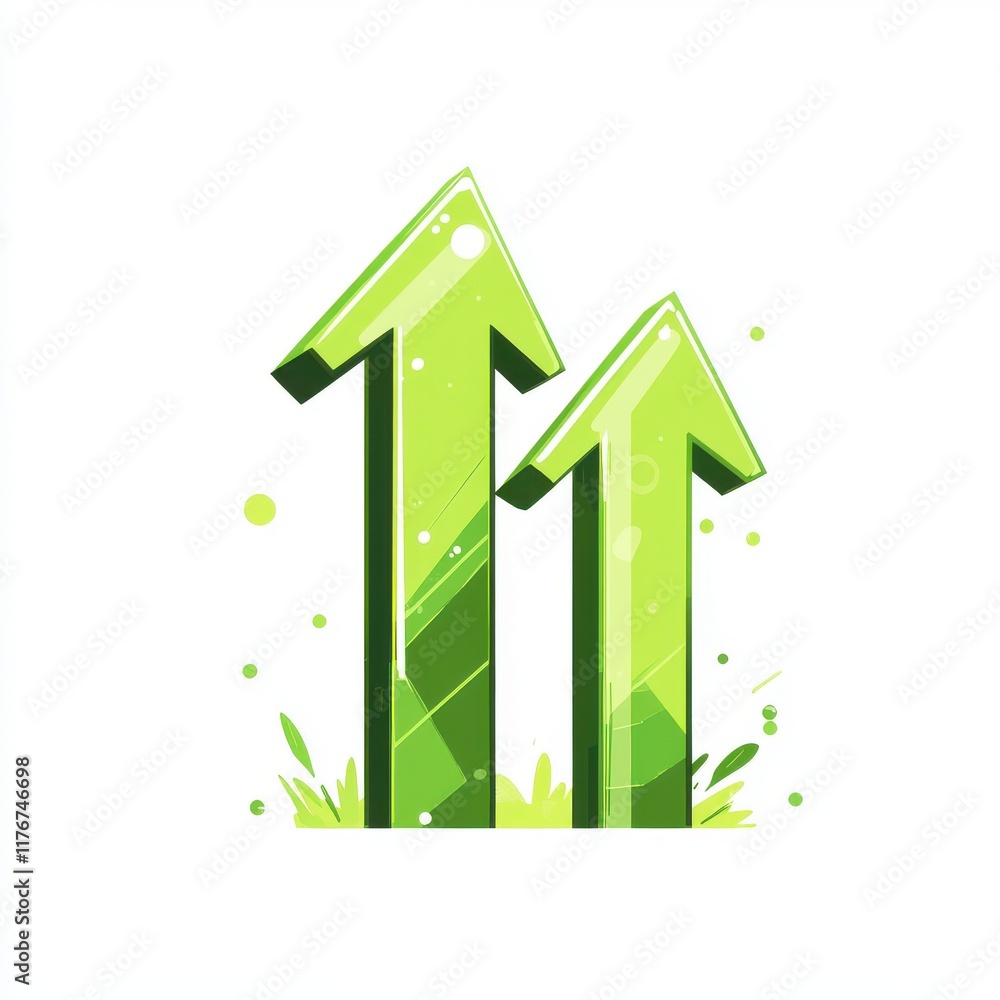 Two vibrant green upward arrows symbolizing growth and progress in a fresh and lively design. Two vibrant green upward arrows symbolizing growth and progress in a fresh and lively design.