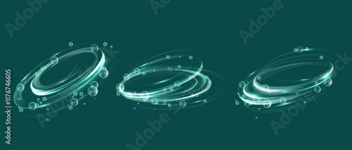 Bubble swirl effect designs with transparent circular shapes, glowing turquoise edges and floating spheres. Luminous spiral patterns of underwater movement illusion for laundry and body care design.