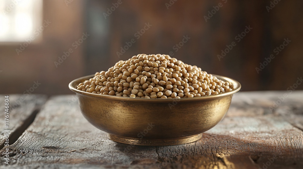 A small pile of mung beans in an antique brass bowl, isolated on a weathered wood background with soft light A small pile of mung beans in an antique brass bowl, isolated on a weathered wood background with soft light