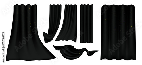 Black curtain collection of various drapery positions with soft folds, flowing fabric textures and scattered glitter details. Elegant textile designs for theatrical stage decoration or presentation.