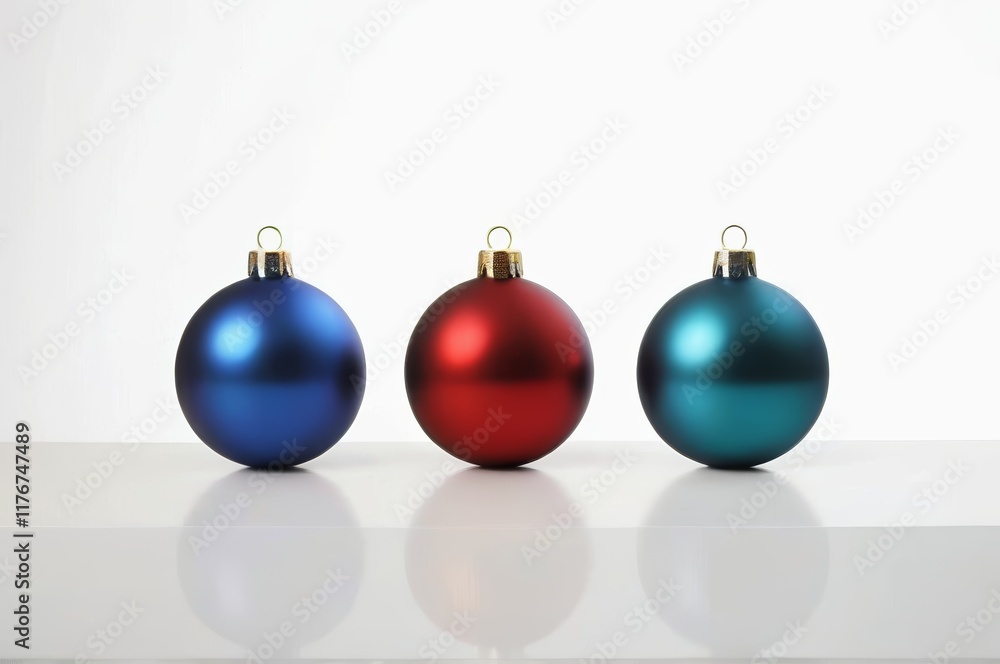 three shiny christmas balls are lined up on a white surface three shiny christmas balls are lined up on a white surface