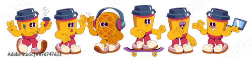 Groovy coffee cup characters set isolated on white. Contemporary vector cartoon illustration of retro style to-go paper mug and waffle giving high five, listening music, skating, using laptop, yawning