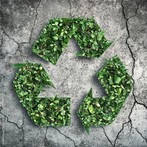 Green recycling symbol made of leaves on a cracked concrete surface, promoting environmental awareness. photo