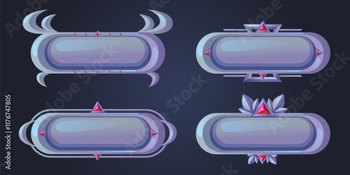 Game button magic set - silver frames with pink crystal decorations. Fantasy interface elements with mystical designs, floral patterns and curved ornaments for RPG interface or menu elements.