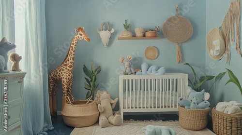 Serene Baby Nursery Decor:  Safari Theme with Plush Giraffe and Neutral Tones photo