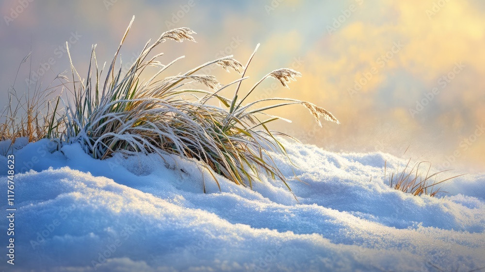 Obraz premium Close-up of snow-covered grass blades, frosty edges and glistening ice details in focus against a soft winter background.